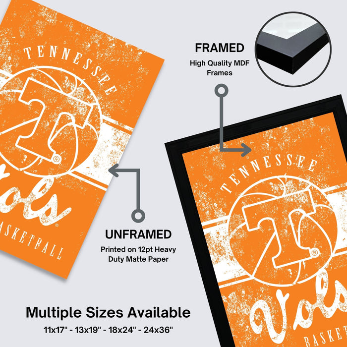 The image is a promotional poster for a basketball team, specifically the Tennessee Titans. It features two framed and two unframed versions of the team's logo and text, along with a description of the frame sizes available.