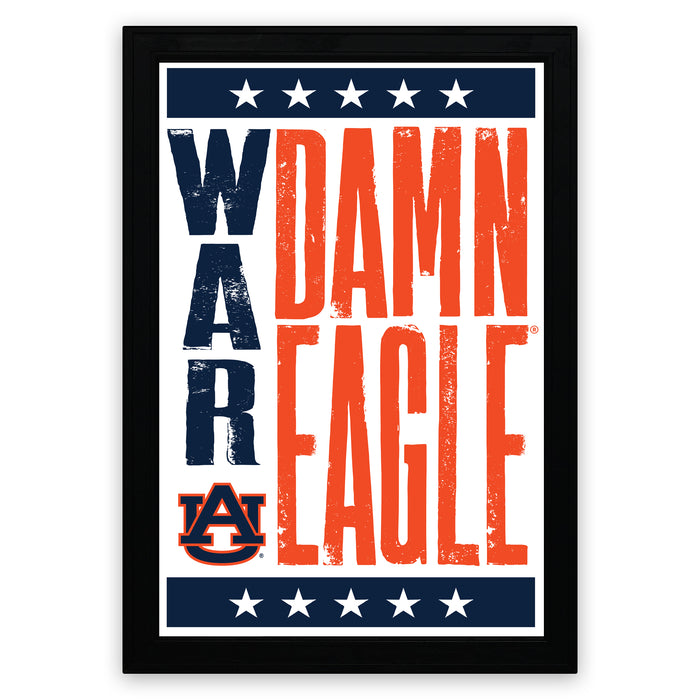 the word "WAR" in bold, orange letters with a blue background and a white star border.