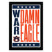 the word "WAR" in bold, orange letters with a blue background and a white star border.