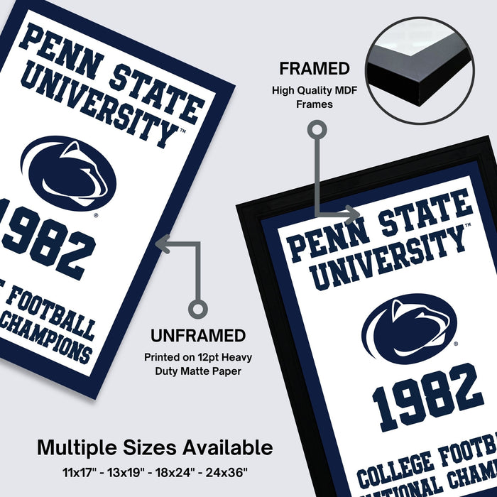 a framed poster of Penn State University from 1982, with a focus on the football championship. The poster is framed with high-quality MDF material, and it is available in multiple sizes, including 11x17, 13x19, 18x24, and 24x36" frames.