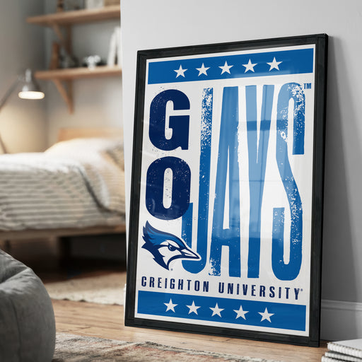 A framed poster with the text "G O JAYS" and a blue bird logo, representing the University of Richmond.