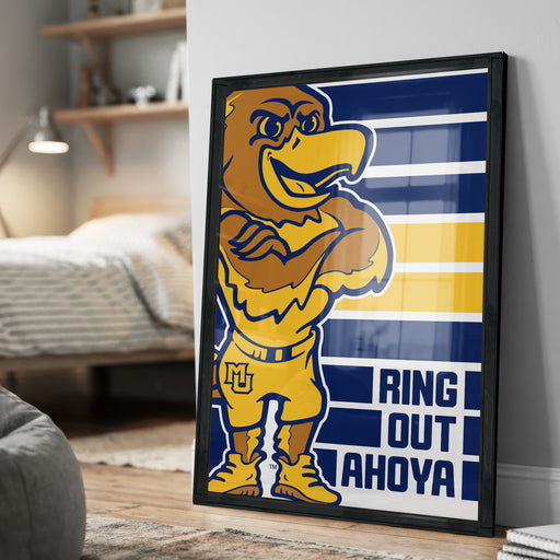A framed poster featuring a cartoon bird character with the text "RING OUT AHAHYA" on it.