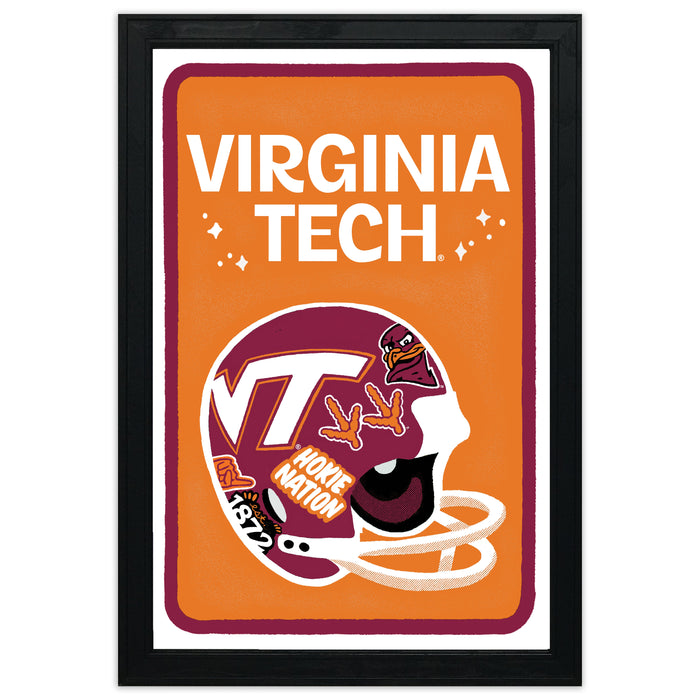 The image is a framed poster featuring a football helmet with the text "VIRGINIA TECH" and "HONIE NATION" written on it.