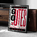 A framed poster with the text "GOUTES UNIVERSITY OF UTAH" is displayed on a carpeted floor next to a wooden chest.