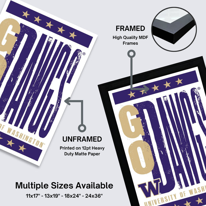 The image is a promotional poster for a sports team, specifically the Washington University Washington Ducks. It features the team's logo and name in a stylized font, along with a description of the product: a framed poster and an unframed poster. The poster is available in multiple sizes, including 11x17, 13x19, 18x24, and 24x36 inches.