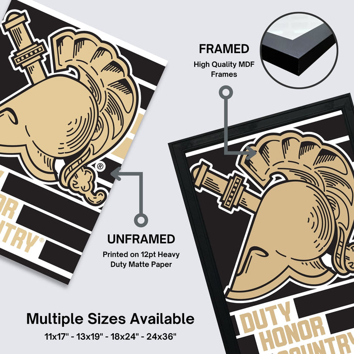 The image is a promotional poster for a product called "DUTTY HONOR COUNTRY". It features a stylized illustration of a shield or helmet with the text "DUTTY HONOR COUNTRY" prominently displayed. The poster also includes information about the product, such as the availability of multiple sizes and the quality of the printed material.