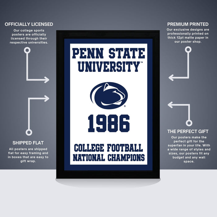 The image is a framed poster from Penn State University, featuring the Penn State University logo and the text "College Football National Champions" along with a description of the poster as a "Premium Printed" and "Shipped Flat" gift.