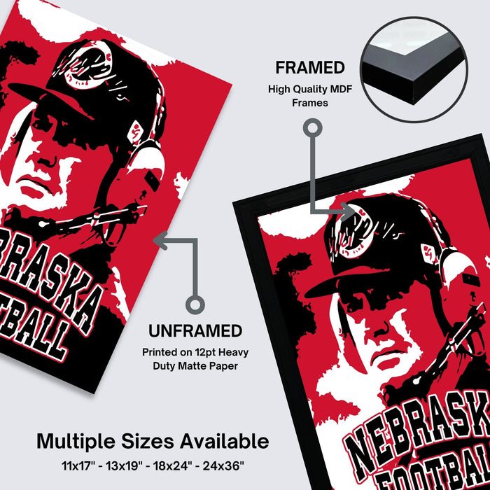 The image is a framed poster featuring a close-up of a person wearing a baseball cap and jersey, with the text "NEBRASK FOOTBALL" prominently displayed. The poster is framed with a high-quality MDF frame, and the image is described as an unframed print on a heavy duty matte paper. Multiple sizes are available, including 11x17 - 13x24 - 18x24 - 24x36" and 11x19 - 13x24 - 18x36" frames.