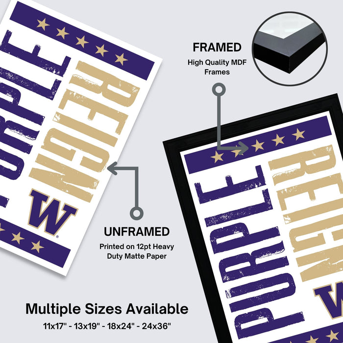 The image is a collage of two framed and unframed posters, each with a different size and frame. The framed poster is a high-quality MDF frame, while the unframed poster is printed on a matte paper. The collage also includes text indicating the availability of multiple sizes, including 11x17, 13x19, 18x24, and 24x36" posters.