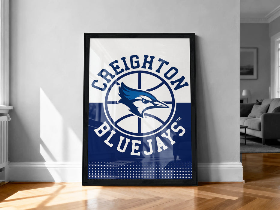 A framed poster of the Creighton Bluejays basketball team, featuring the team's logo and name.