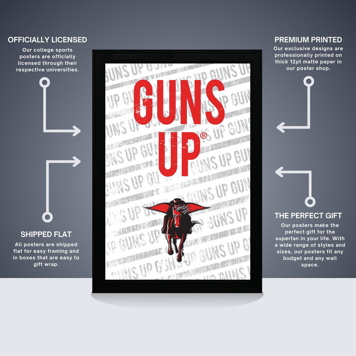 The image is a poster featuring the word "GUNS UP" in bold red letters, with a black silhouette of a person riding a horse. The poster is described as " Officially licensed", "Premium printed", and "The perfect gift". The poster is also referred to as a "Shipped Flat" and "All posters are shipped in boxes that are easy to gift wrap."