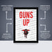 The image is a poster featuring the word "GUNS UP" in bold red letters, with a black silhouette of a person riding a horse. The poster is described as " Officially licensed", "Premium printed", and "The perfect gift". The poster is also referred to as a "Shipped Flat" and "All posters are shipped in boxes that are easy to gift wrap."