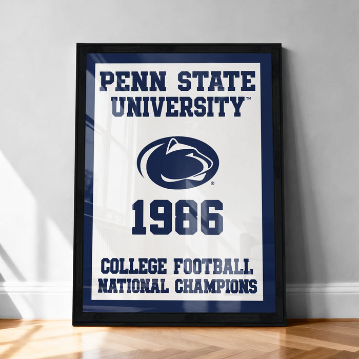 A framed poster celebrating the Penn State University's College Football National Champions from 1986.