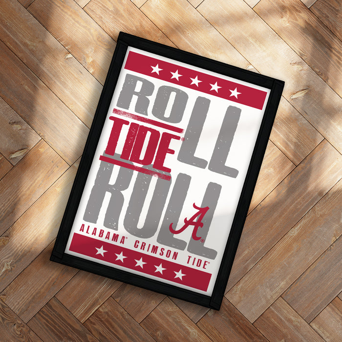 A framed poster with the text "ROLL TIDE RUM" and "ALABAMA CRIMSON TIDE" printed on it, placed on a wooden floor.