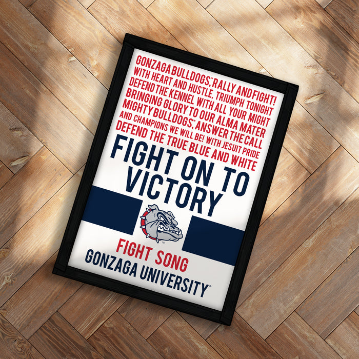 The image is a framed poster with text and a bulldog logo, promoting Gonzaga University's fight for victory.