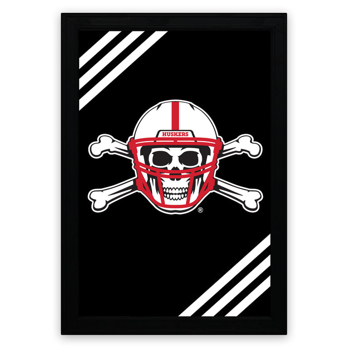 A framed poster featuring a skull wearing a football helmet with crossed bones, set against a black background with white stripes.