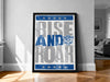 a framed poster with the text "RISE AND ROAR" and a cat logo, displayed on a wall in a room.