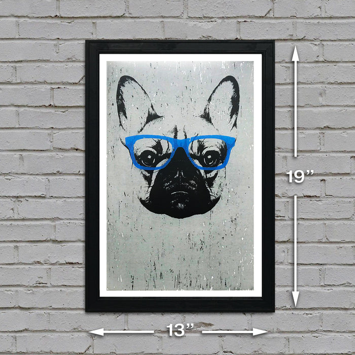 Limited Edition French Bulldog with Blue Glasses Art Poster / Print - 13x19"