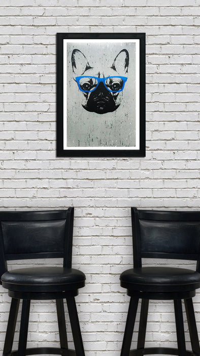 Limited Edition French Bulldog with Blue Glasses Art Poster / Print - 13x19"