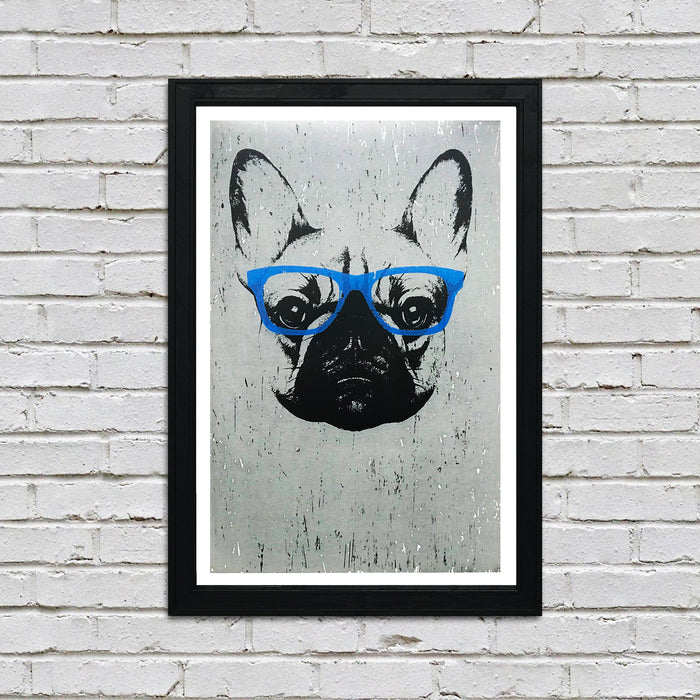 Limited Edition French Bulldog with Blue Glasses Art Poster / Print - 13x19"