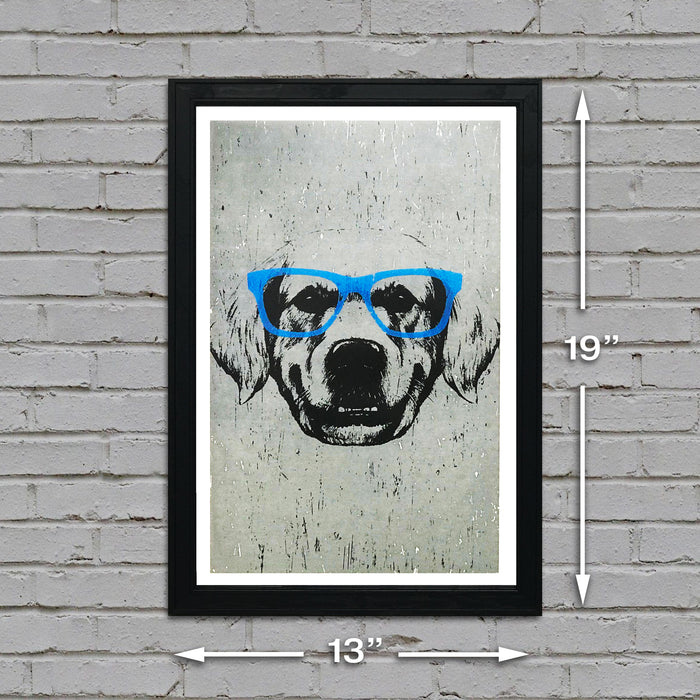 Limited Edition Golden Retriever with Blue Glasses Art Print / Poster - 13x19"