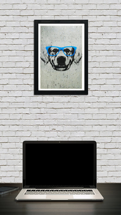 Limited Edition Golden Retriever with Blue Glasses Art Print / Poster - 13x19"