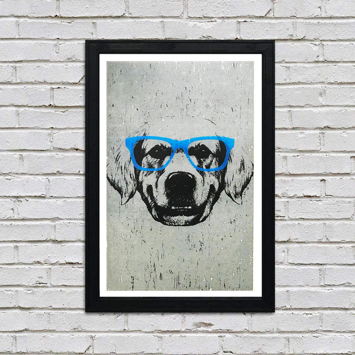 Limited Edition Golden Retriever with Blue Glasses Art Print / Poster - 13x19"