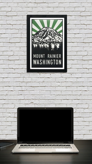 Limited Edition Mount Rainier Art Poster - Green and Black - 13x19"