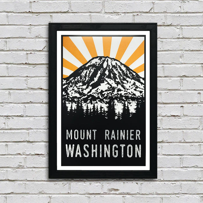 Limited Edition Mount Rainier Poster Art - Yellow and Black - 13x19"